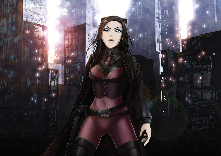 breasts brown_hair building cityscape covered_navel cowboy_shot ergo_proxy eyeliner green_eyes gun highres lens_flare long_hair long_sleeves makeup medium_breasts necktie parted_lips re-l_mayer ruins skyscraper solo weapon yoneyu