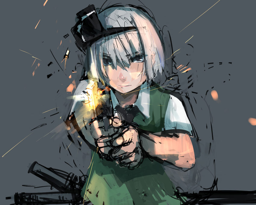 aiming_at_viewer bad_id bad_pixiv_id black_hairband casing_ejection firing gun hairband handgun holding holding_gun holding_weapon konpaku_youmu pistol shell_casing short_hair silver_hair solo touhou un-known_(ninesix) weapon