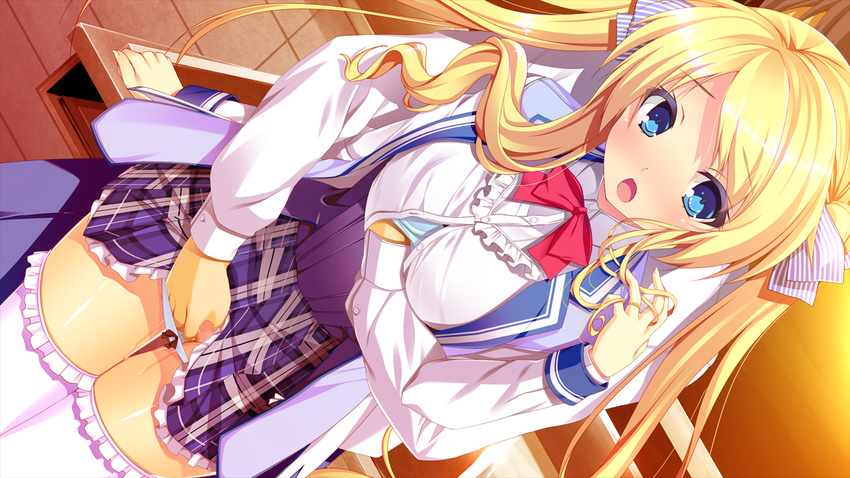1girl blonde_hair blue_eyes blush bow bowtie breast_grab breasts fingering game_cg grabbing harvest_overray highres large_breasts legs long_hair looking_away mikami_lilia nironiro open_mouth panties pussy_juice school_uniform standing thighs twintails underwear usume_shirou wet white_legwear