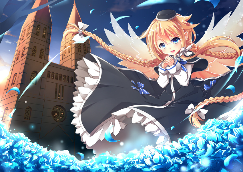 aata1007 blonde_hair blue_eyes braid dress flower hair_flaps hands_together hat highres long_hair looking_at_viewer magi_in_wanchin_basilica open_mouth sky smile solo twin_braids very_long_hair wings xiao_ma