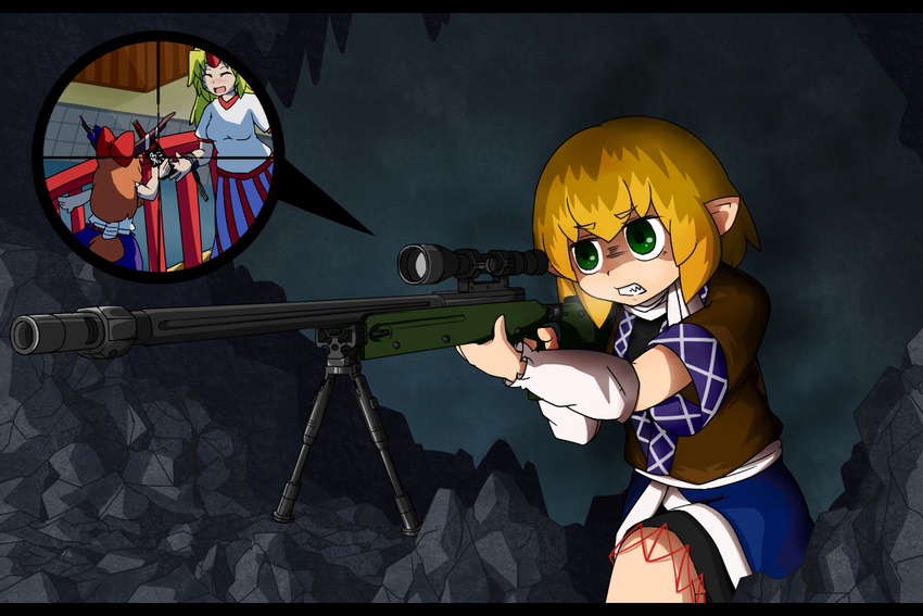 alcohol angry arm_warmers beer blackbad blonde_hair blue_skirt blush bolt_action bottle bow breasts bridge brown_hair building cave clenched_teeth closed_eyes friends from_behind green_eyes gun hair_bow heavy_breathing horn horns hoshiguma_yuugi ibuki_suika jealous l96a1 long_hair medium_breasts mizuhashi_parsee multiple_girls open_mouth pointy_ears rifle scarf scope shaded_face sharp_teeth shirt short_hair short_sleeves skirt smile sniper_rifle teeth touhou weapon white_shirt wrist_cuffs yandere