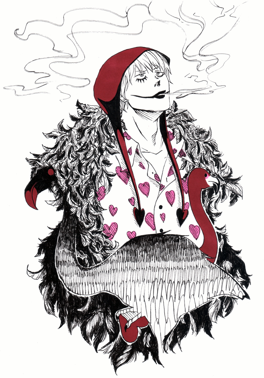 bird collared_shirt donquixote_rocinante earflap_hat facial_mark flamingo hat heart heart_print highres kt lipstick makeup male male_focus one_piece shirt smoking solo traditional_media