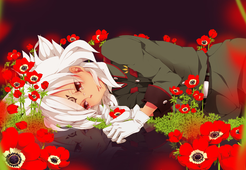 baddap_sleed belt child crying flower gloves inazuma_eleven inazuma_eleven_(series) long_hair lying male male_focus red_eyes solo tears uniform utaoka_(23com) white_hair