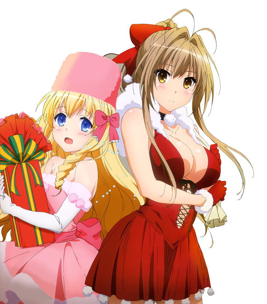 2girls absurdres amagi_brilliant_park bare_shoulders blonde_hair blue_eyes blush breasts brown_eyes brown_hair christmas cleavage hair_ribbon hat highres large_breasts latifa_fleuranza long_hair looking_at_viewer multiple_girls open_mouth ponytail ribbon sento_isuzu simple_background source_request standing white_background yellow_eyes