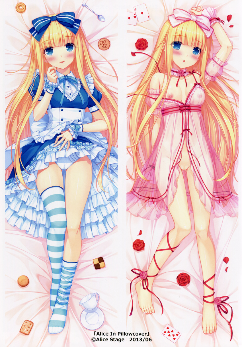 :o absurdres alice_(wonderland) alice_in_wonderland ankle_ribbon apron barefoot blonde_hair blue_eyes blush breasts card checkerboard_cookie choker cookie covered_nipples cup dakimakura detached_sleeves food highres long_hair looking_at_viewer multiple_views nipples no_pussy non-web_source panties plate playing_card puffy_detached_sleeves puffy_short_sleeves puffy_sleeves ribbon sayori scan see-through short_sleeves small_breasts smile striped striped_legwear teacup thighhighs underwear white_panties wrist_cuffs