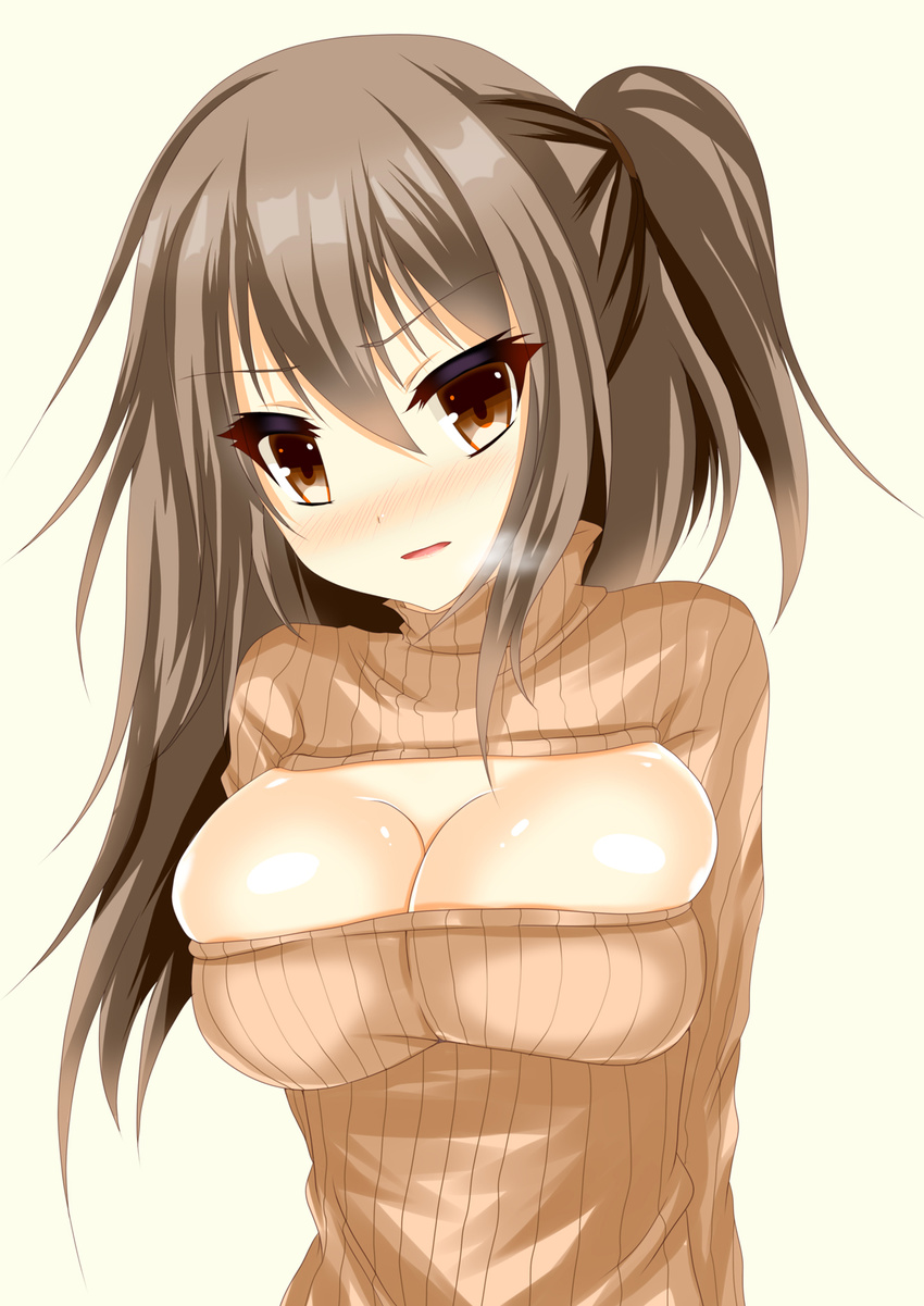 asymmetrical_hair ayasato_karen bad_id bad_pixiv_id blush breast_squeeze breasts brown_eyes bursting_breasts cleavage cleavage_cutout highres large_breasts light_brown_hair looking_at_viewer meme_attire one_side_up open-chest_sweater open_mouth orange_shirt original ribbed_sweater shirt solo sweater turtleneck upper_body