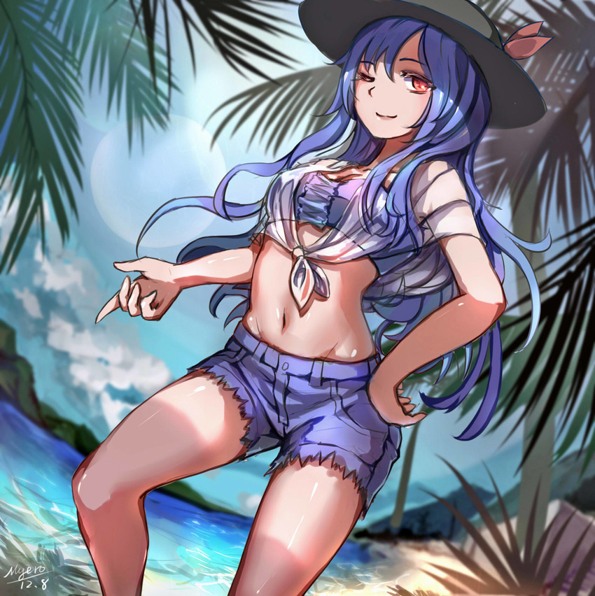 alternate_costume beach blue_hair blush dated day denim denim_shorts dutch_angle hand_on_hip hat highres hinanawi_tenshi long_hair looking_at_viewer myero one_eye_closed palm_tree red_eyes short_shorts short_sleeves shorts signature sketch smile solo touhou tree