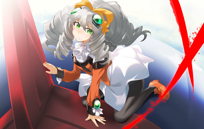 arm_support bad_id bad_pixiv_id blush bow drill_hair goggles goggles_on_head green_eyes hair_bow ika long_hair looking_at_viewer maria_balthasar mecha pantyhose ribbon sitting skirt solo wariza xenogears yellow_bow