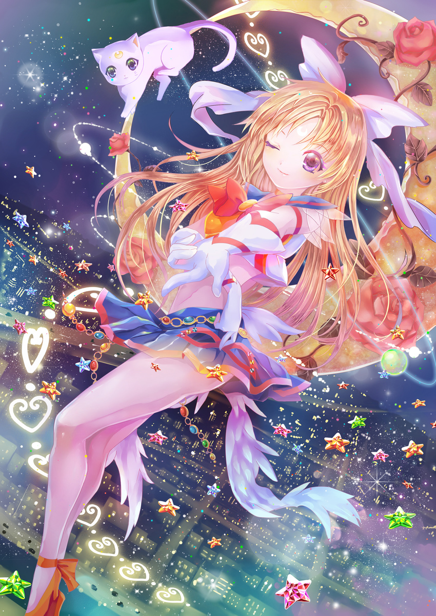 aino_minako alternate_eye_color artemis_(sailor_moon) bare_legs bishoujo_senshi_sailor_moon blue_skirt bow cat cityscape crescent_moon elbow_gloves facial_mark floating flower forehead_mark from_above gem gloves green_eyes hair_bow highres long_hair looking_at_viewer mask miniskirt moon night one_eye_closed orange_footwear outstretched_arm plant purple_eyes red_bow red_flower red_rose rose sailor_senshi_uniform sailor_v shoes skirt star strappy_heels usagi_(rabbithi) vines white_bow white_gloves