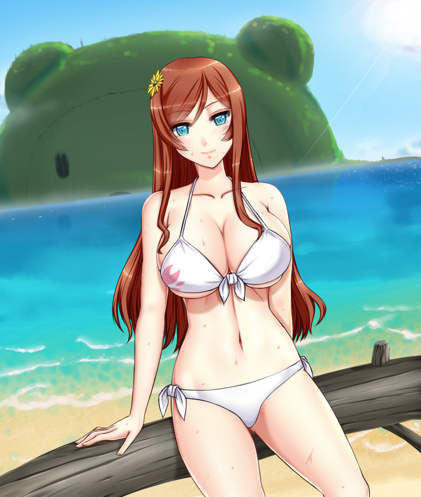 arm_support beach beargguy_iii bikini blue_eyes breasts brown_hair cleavage day dutch_angle flower front-tie_top gundam gundam_build_fighters gundam_build_fighters_try hair_flower hair_ornament highres kamiki_mirai large_breasts light_rays looking_at_viewer micro_bikini navel ocean outdoors ryuuzouji_usagi shore side-tie_bikini sitting skindentation smile solo strap_gap sun sunbeam sunlight swimsuit underboob water wet white_bikini