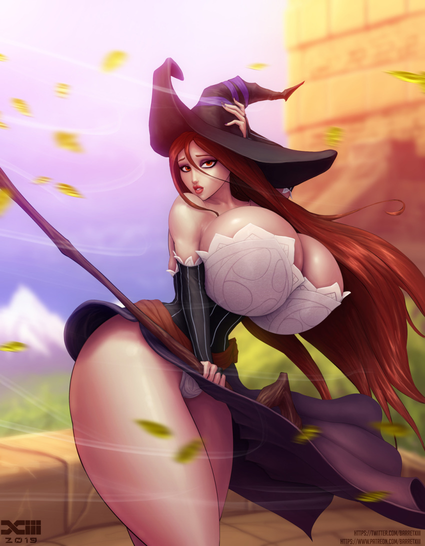 1girl bare_shoulders barretxiii breasts cleavage curvy dragon's_crown hat highres huge_breasts long_hair looking_at_viewer orange_hair parted_lips red_eyes solo sorceress_(dragon's_crown) thick_thighs thighs wing witch_hat