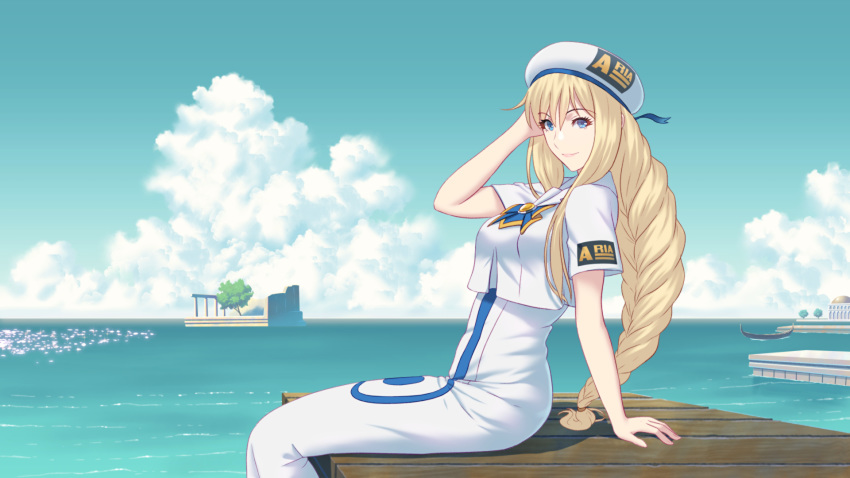 1girl alicia_florence aria arm_support blonde_hair blue_eyes blue_neckwear blue_sky bow bowtie braid cloud cloudy_sky commentary_request crop_top eyebrows_visible_through_hair fateline_alpha from_side gondola hair_ornament hand_up hat high-waist_skirt highres horizon long_hair looking_at_viewer looking_to_the_side ocean pier scenery short_sleeves single_braid sitting skirt sky smile solo uniform white_hat white_skirt