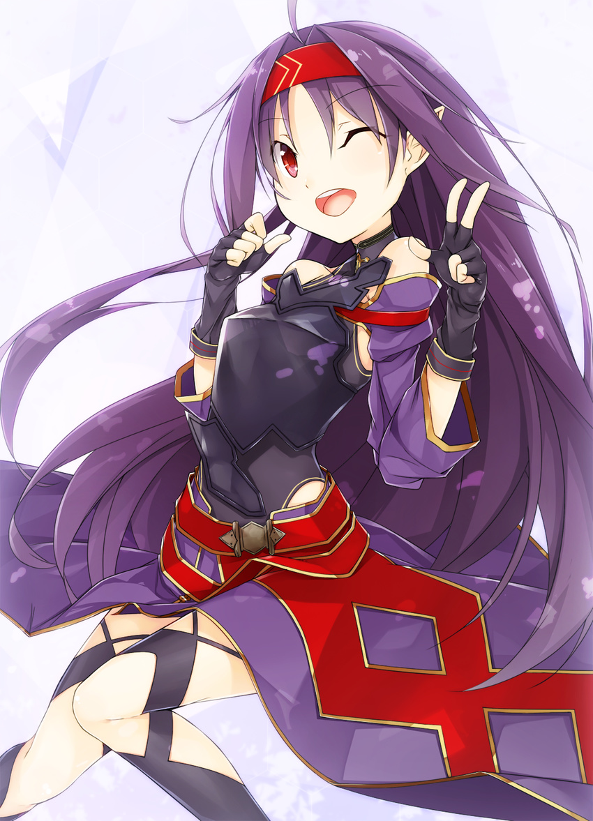 breastplate fingerless_gloves gloves hairband highres leotard long_hair one_eye_closed pointy_ears purple_hair red_eyes sword_art_online toki/ v very_long_hair yuuki_(sao)