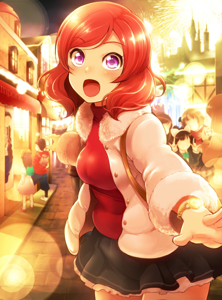 animal_ears awning backpack bag bear_ears black_hair blush breasts brick_road castle cat_ears coat commentary_request double_\m/ fireworks fur-trimmed_coat fur_trim highres lens_flare looking_at_viewer love_live! love_live!_school_idol_project medium_breasts multiple_boys multiple_girls nishikino_maki omuraisu_echizen open_mouth outstretched_arm outstretched_arms purple_eyes red_hair red_shirt shirt short_hair shoulder_bag smile solo_focus spread_arms turtleneck watch wristwatch