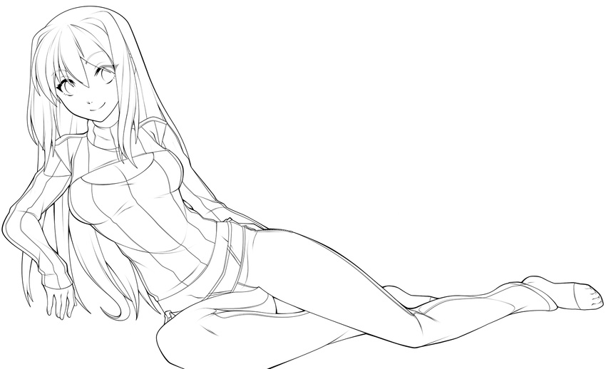 aozaki_aoko bikini_jeans breasts cleavage cleavage_cutout denim greyscale groin hair_intakes highres jeans lineart long_hair lowleg lowleg_pants lying medium_breasts melty_blood meme_attire monochrome open-chest_sweater pants ribbed_sweater smile solo spike_wible sweater toes tsukihime turtleneck