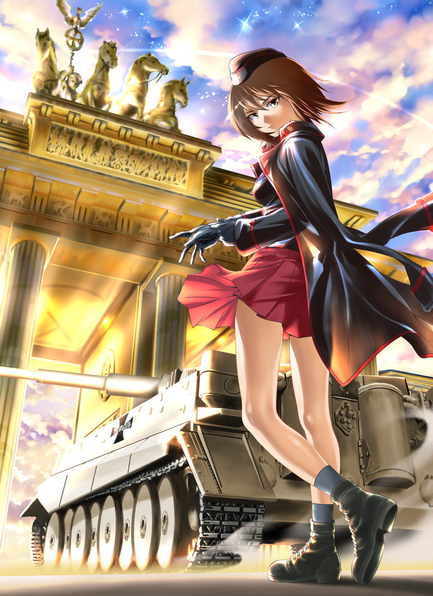 adjusting_clothes adjusting_gloves ankle_boots arch boots brandenburg_gate brown_eyes brown_hair caterpillar_tracks cloud emblem garrison_cap germany girls_und_panzer gloves ground_vehicle hat highres iron_cross jacket_on_shoulders kuromorimine_(emblem) kuromorimine_military_uniform landmark looking_at_viewer looking_back military military_uniform military_vehicle motor_vehicle nishizumi_maho pleated_skirt short_hair skirt sky solo star_(sky) statue sunlight tank tiger_i toshi_(pixiv6514) uniform