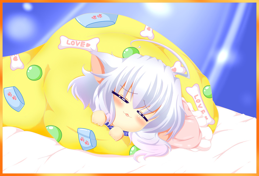 :3 =_= ahoge animal_ears blanket blush dog_ears highres inu_sakuya izayoi_sakuya muumuu_(sirufuruteienn) pillow silver_hair sleeping touhou