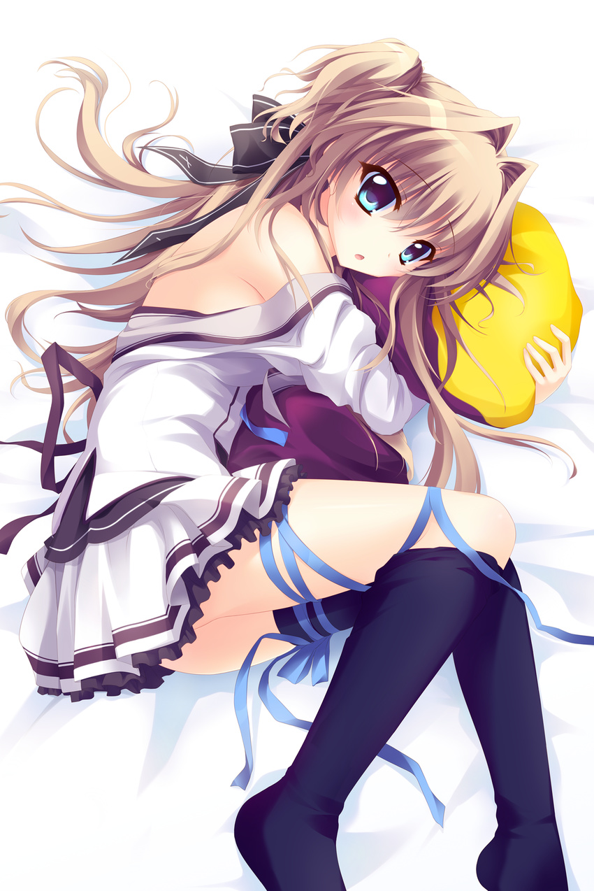 :o black_legwear blonde_hair blue_eyes blush hair_intakes highres hisagiyuu long_hair looking_at_viewer loose_thighhigh lying mashiroiro_symphony on_side partially_undressed pillow pillow_hug ribbon school_uniform sena_airi solo thighhighs two_side_up