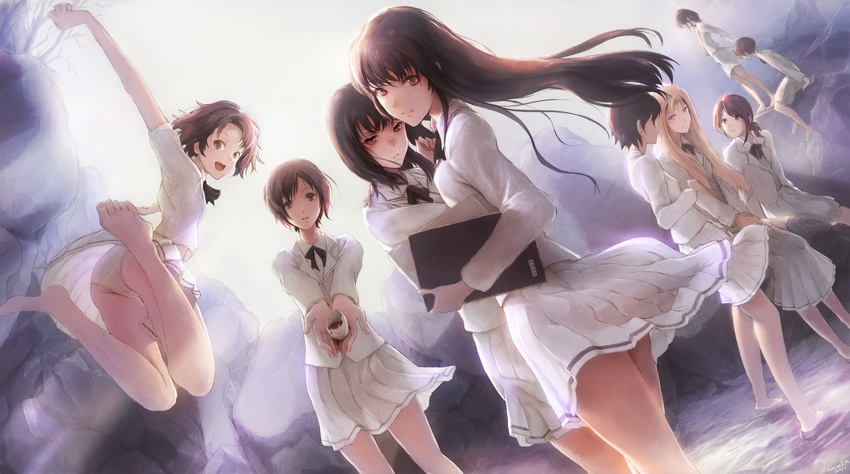 absurdres barefoot blonde_hair brown_hair feet highres jumping kara_no_shoujo kouzuki_kazuna kuchiki_touko looking_back maris_stella multiple_girls nishizono_yui notebook panties satou_ayumu shiika_sadamasa tokisaka_yukari tsukishima_orihime underwear upskirt yosomiya_tsuzuriko