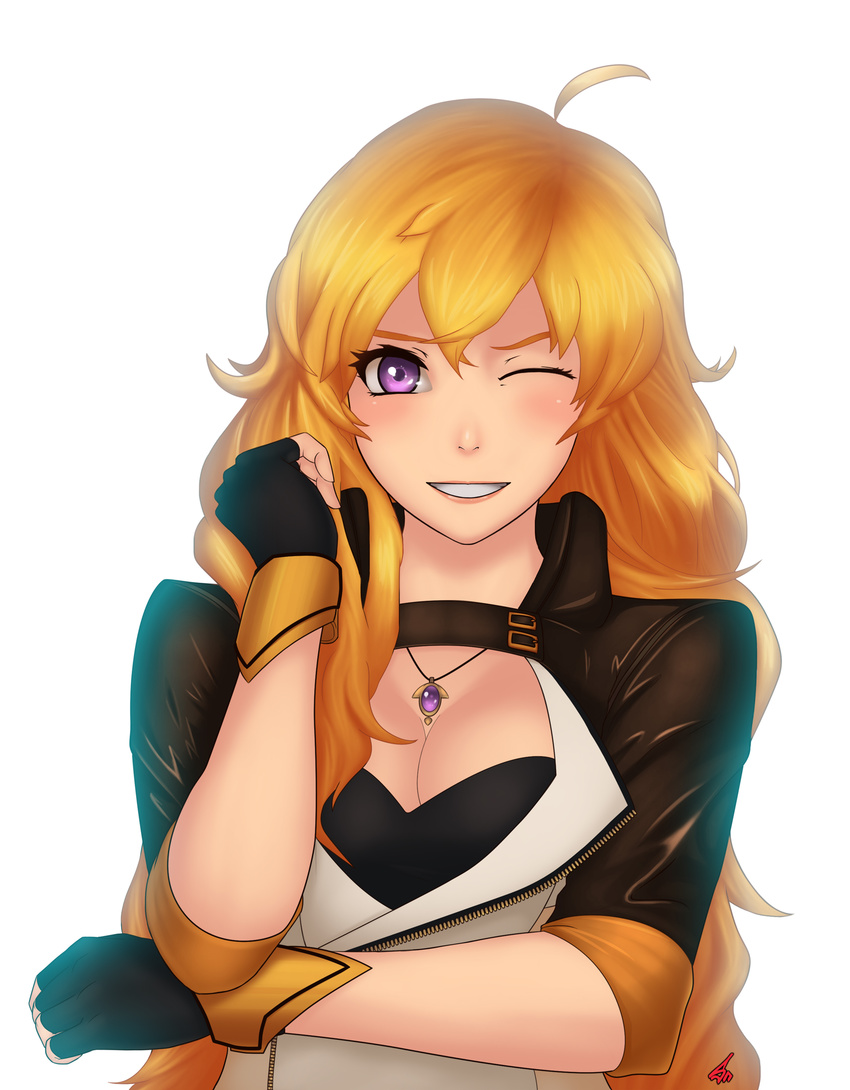 ahoge blonde_hair blush bracelet breasts cleavage highres jewelry long_hair medium_breasts necklace one_eye_closed purple_eyes rwby scyfon smile yang_xiao_long