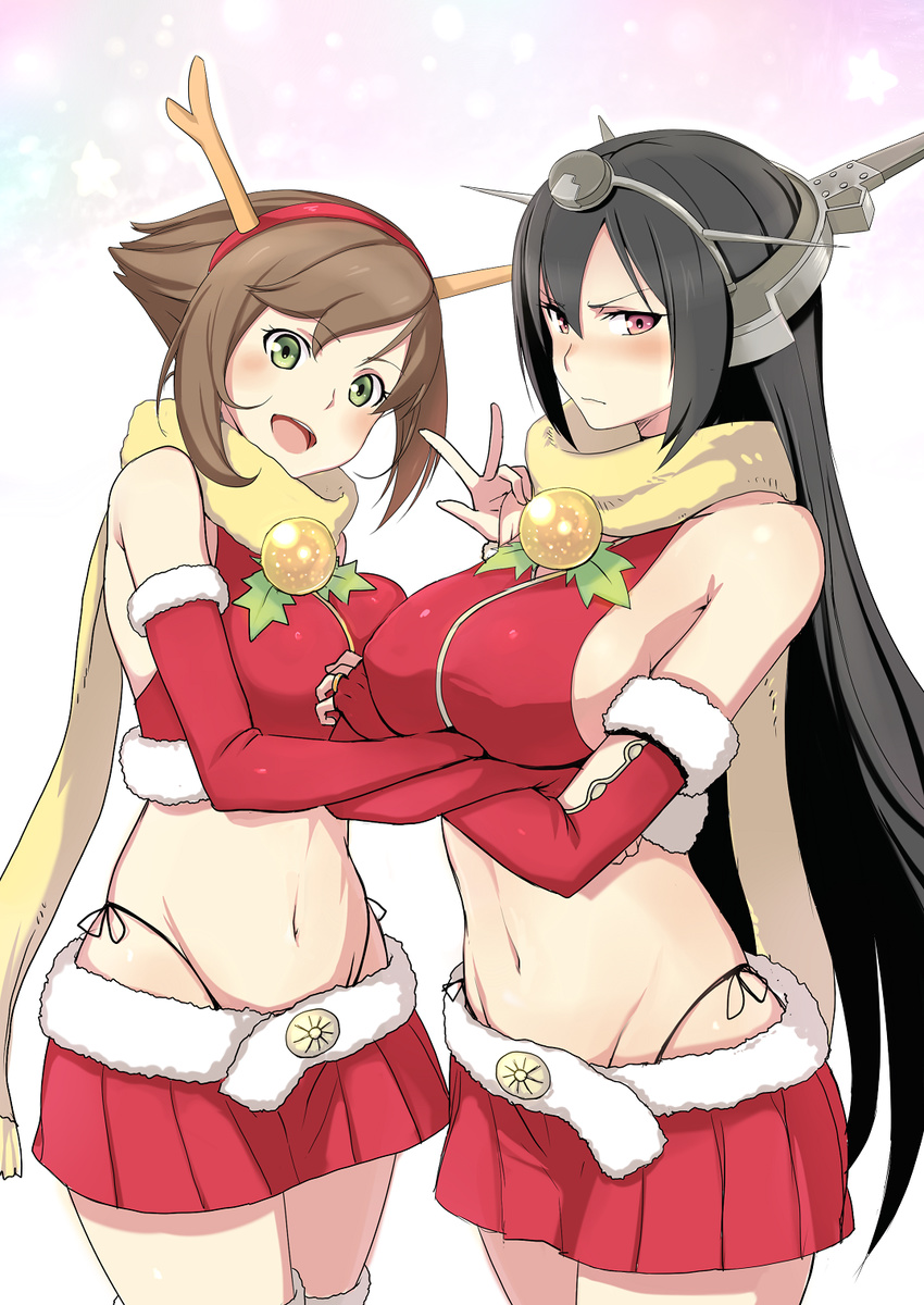 :d antlers black_hair blush breasts brown_hair christmas cowboy_shot crossed_arms elbow_gloves fingerless_gloves fur_trim gloves green_eyes hairband headgear highres kantai_collection large_breasts long_hair looking_at_viewer medium_breasts multiple_girls mutsu_(kantai_collection) nagato_(kantai_collection) navel open_mouth panties ransusan red_eyes red_gloves reindeer_antlers santa_costume scarf short_hair side-tie_panties simple_background skirt smile stomach underwear v white_background
