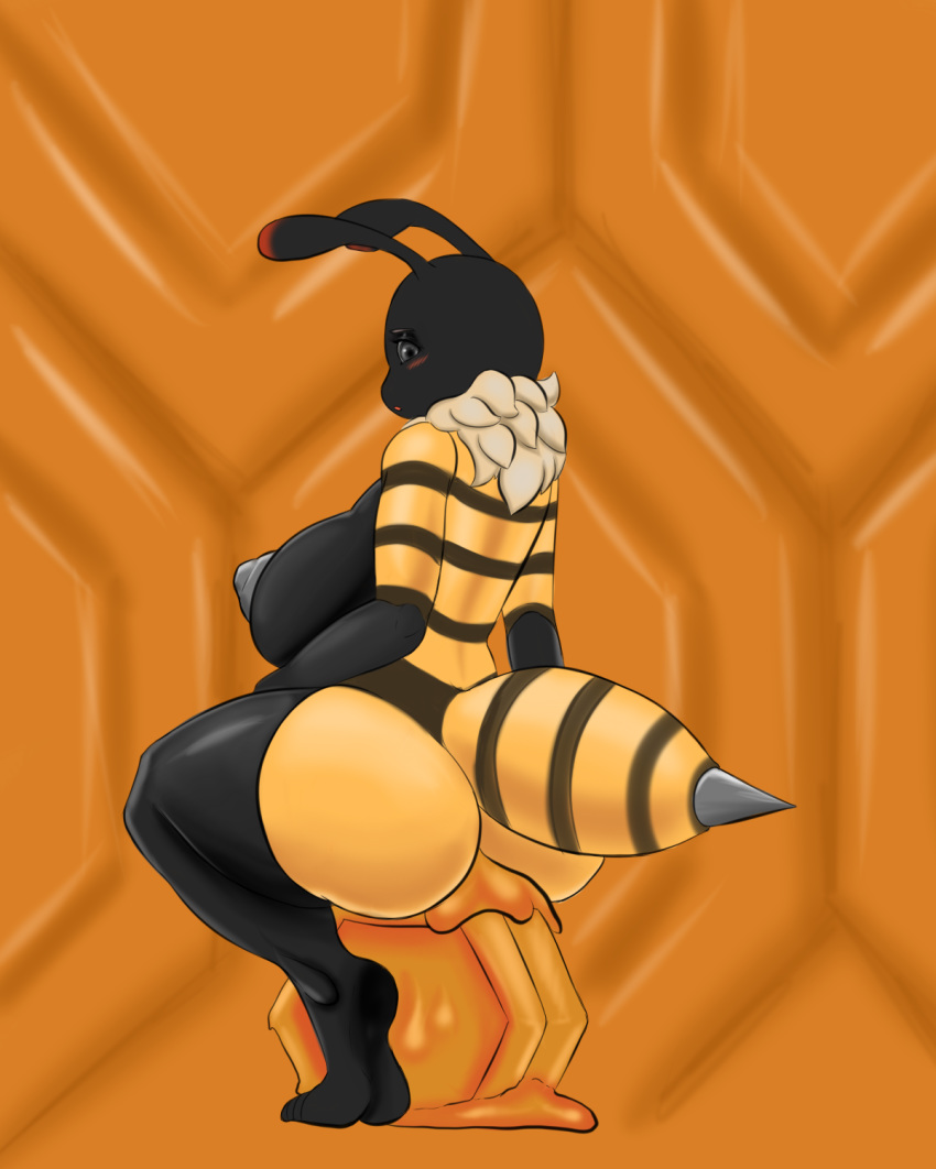 anthro arthropod bee big_breasts big_butt big_thighs blackbetty blush breasts butt female hi_res honey hymenopteran insect looking_at_viewer looking_back nipples side_boob solo