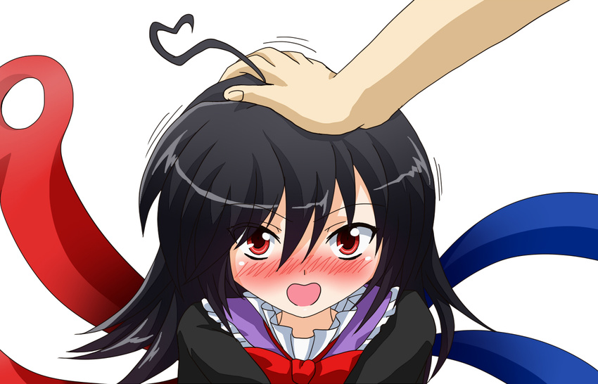 ahoge asymmetrical_wings black_hair blush bow dress hand_on_another's_head head_rub houjuu_nue out_of_frame petting red_eyes shaking short_hair simple_background smile solo_focus ten'yoku touhou white_background wings