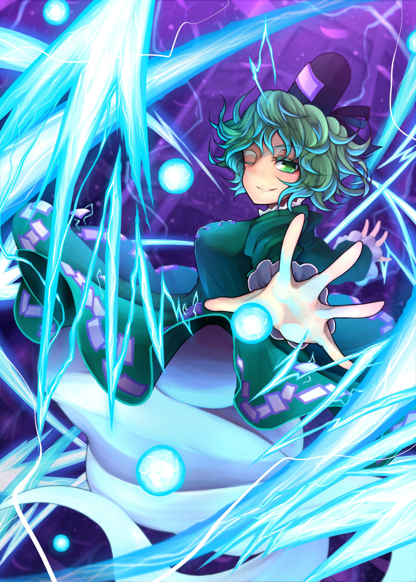 danmaku dress electricity ghost_tail green_dress green_eyes green_hair hat highres one_eye_closed short_hair smile soga_no_tojiko solo tate_eboshi teko touhou