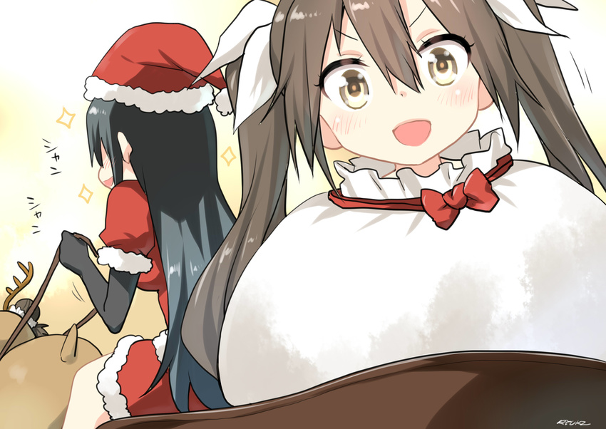 antlers black_hair brown_eyes brown_hair chikuma_(kantai_collection) christmas commentary double_bun hair_ribbon hat highres in_container in_sack kantai_collection long_hair looking_at_viewer multiple_girls naka_(kantai_collection) open_mouth reindeer reins ribbon ryuki_(ryukisukune) sack santa_costume santa_hat smile tone_(kantai_collection) twintails white_ribbon