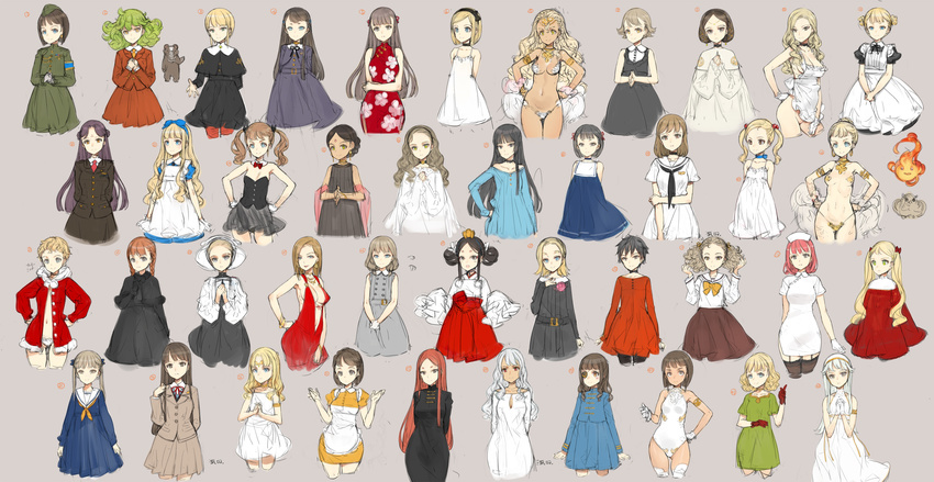 absurdres apron aqua_eyes armband armlet arms_behind_back bangs bare_shoulders bear beige_background black_hair blonde_hair bob_cut bottomless bow bowtie bracelet braid breasts brown_eyes brown_hair china_dress chinese_clothes choker cleavage coat cropped_legs crossed_arms detached_collar double_bun dress earrings eyepatch facial_mark flat_chest floral_print forehead_mark garter_straps green_eyes hair_bobbles hair_ornament hair_ribbon hairband hand_on_hip hands_on_hips hands_together hat highres jewelry large_breasts leotard long_hair long_skirt long_sleeves maid medium_breasts military military_uniform multiple_girls naked_apron navel neckerchief necktie nurse nurse_cap ooyari_ashito open_mouth original outstretched_hand parted_bangs parted_lips red_dress red_hair revealing_clothes ribbon santa_costume school_uniform serafuku short_hair short_sleeves simple_background skirt sleeveless sleeves_past_wrists small_breasts smile swept_bangs tan thighhighs twin_braids unbuttoned uniform very_short_hair waitress yellow_eyes