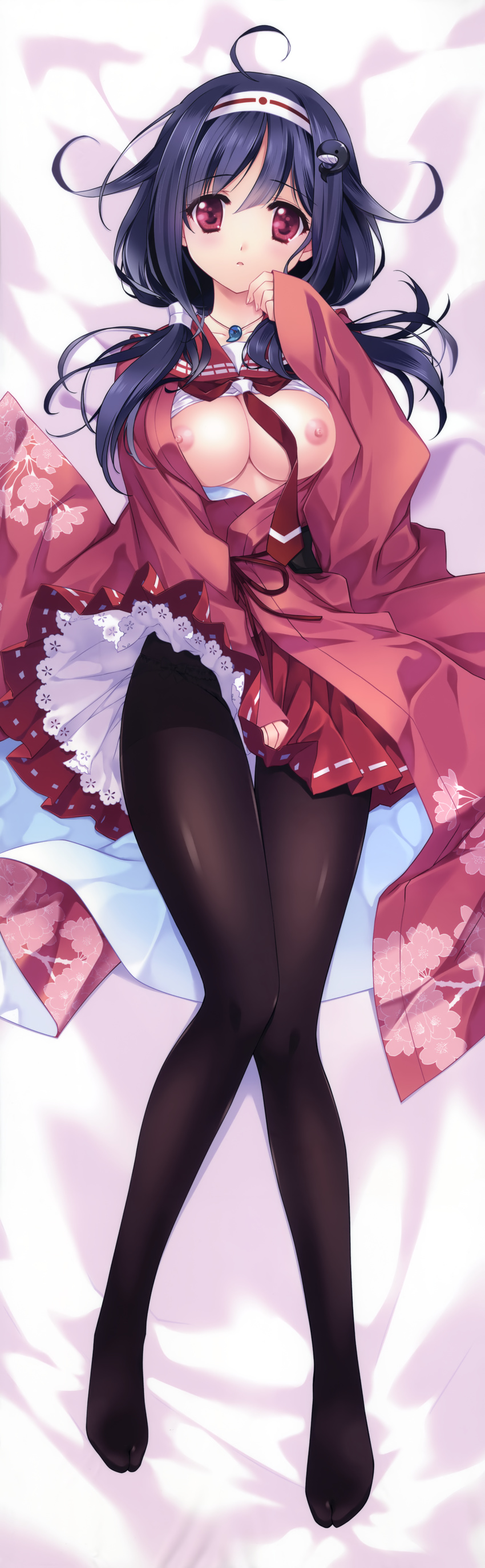 absurdres ahoge bed_sheet black_hair black_legwear blush bow bow_panties breasts carnelian dakimakura floral_print full_body hair_ornament hairband highres huge_filesize japanese_clothes kantai_collection long_hair medium_breasts nipples open_mouth panties panties_under_pantyhose pantyhose red_eyes ryuuhou_(kantai_collection) sailor_collar skirt solo taigei_(kantai_collection) twintails underwear whale_hair_ornament