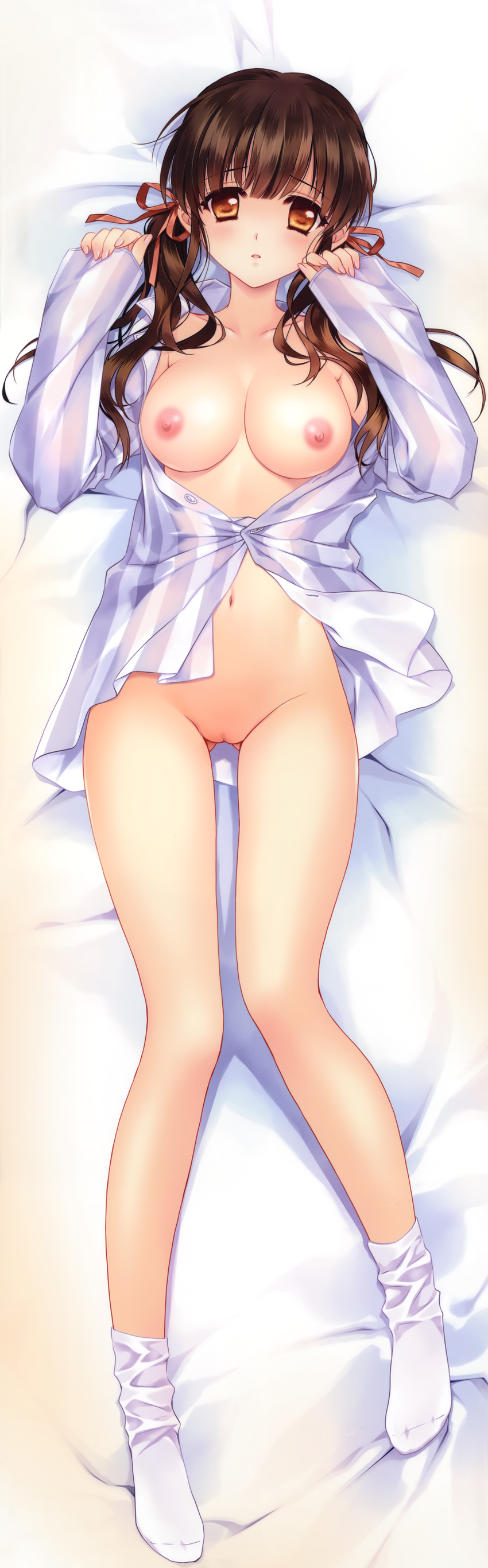 absurdres areolae bottomless breasts brown_eyes brown_hair carnelian cleavage dakimakura full_body hair_ribbon highres huge_filesize lying medium_breasts michika_(carnelian) nipples no_bra no_panties on_back open_clothes open_shirt original pajamas pussy ribbon shirt socks solo striped striped_shirt twintails unbuttoned