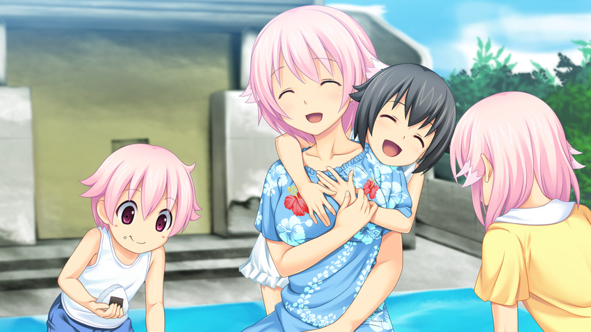 blush breasts character_request child children eyes_closed game_cg hair_ornament highres koutaro open_mouth pink_eyes pink_hair short_hair takara_ichiko tropical_kiss tropical_vacation twinkle_(company) twinkle_soft