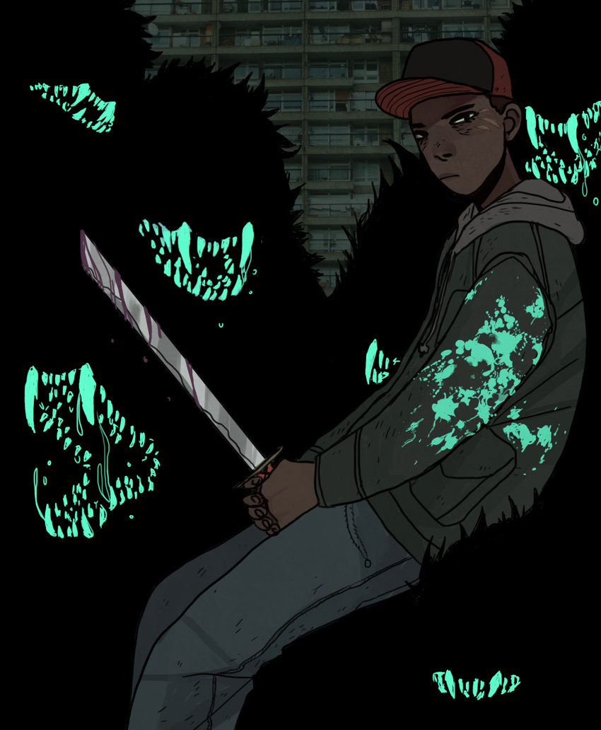 1boy alien attack_the_block baseball_cap blood building dark_skin dennis glowing hoodie monster sharp_teeth solo splatter sword teeth