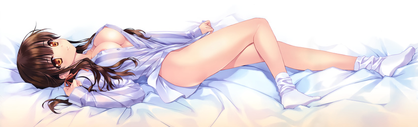 1girl absurdres areola_slip areolae bare_legs blush breasts brown_eyes brown_hair carnelian cleavage dakimakura feet female hair_ribbon highres legs long_image lying no_bra no_panties no_shoes open_clothes open_shirt pajamas ribbon shirt shirt_tug smile socks solo striped striped_shirt unbuttoned wide_image