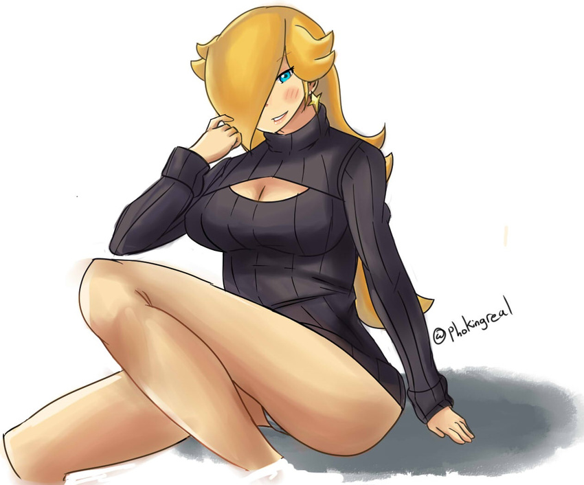 blonde_hair blue_eyes breasts cleavage earrings female hair_over_one_eye jewelry keyhole long_hair mario_(series) open-chest_sweater rosalina_(mario) rosetta_(mario) smile super_mario_bros. super_mario_galaxy sweater turtleneck