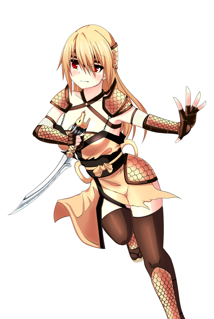 1girl 1girls armor artist_request assassin blonde_hair blush fingerless_gloves gloves guren_no_kinji highres kunoichi ninja red_eyes takamiya_atsuca