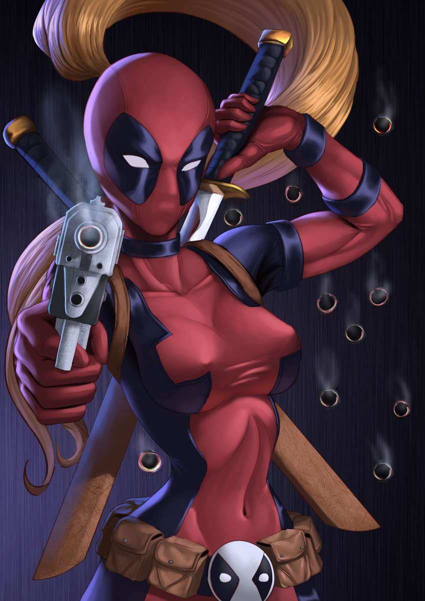 absurdres blonde_hair breasts bullet_hole covered_nipples face_mask gun handgun highres katana lady_deadpool marvel mask medium_breasts pistol ponytail sword weapon zamberz