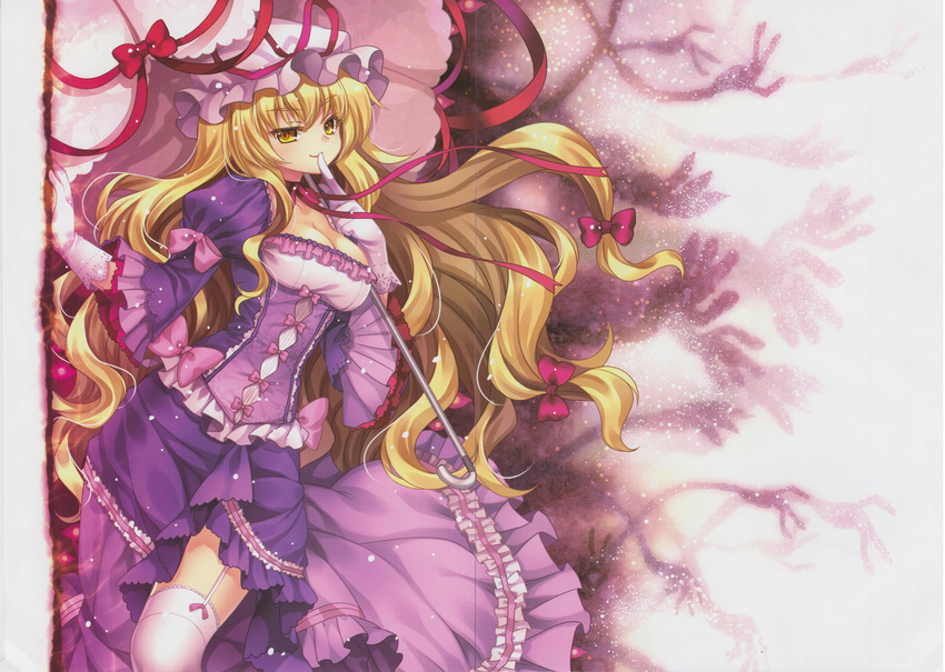 alternate_costume blonde_hair bow breasts capura_lin choker cleavage crease dress finger_to_mouth frills garter_straps gloves hair_bow hair_ornament hands hat hat_ribbon highres long_hair long_sleeves looking_at_viewer medium_breasts mob_cap parasol puffy_sleeves purple_dress ribbon ribbon_choker scan smile solo thighhighs touhou umbrella very_long_hair white_gloves white_legwear wide_sleeves yakumo_yukari yellow_eyes zettai_ryouiki