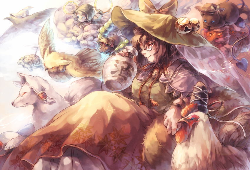 animalization bird bottle bow brown_eyes brown_hair cat chicken cosplay crow earmuffs fox futatsuiwa_mamizou glasses hair_tubes hakurei_reimu hakurei_reimu_(fox) hat hat_bow hata_no_kokoro hijiri_byakuren hijiri_byakuren_(mouse) hood hoop hopeless_masquerade journey_to_the_west kawashiro_nitori kawashiro_nitori_(turtle) kirisame_marisa kirisame_marisa_(crow) komeiji_koishi komeiji_koishi_(cat) koto_inari kumoi_ichirin kumoi_ichirin_(monkey) mask monkey mononobe_no_futo mononobe_no_futo_(chicken) mouse owl pince-nez rooster sake_bottle shirt skirt sun_wukong sun_wukong_(cosplay) tengu_mask third_eye touhou toyosatomimi_no_miko toyosatomimi_no_miko_(owl) turtle unzan witch_hat