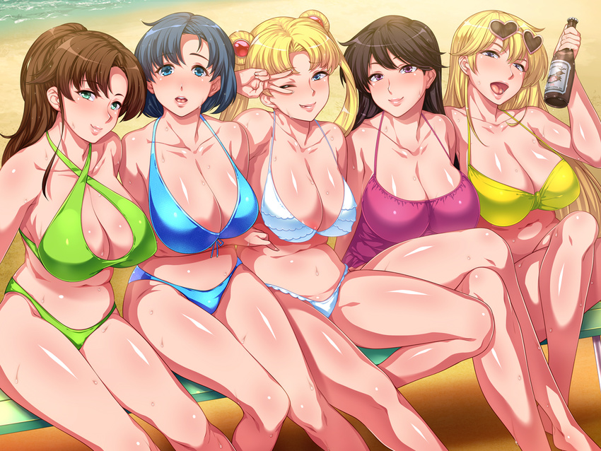 5girls bishoujo_senshi_sailor_moon breasts cleavage huge_breasts mario_(artist) multiple_girls sweat swimsuit team-tanabe