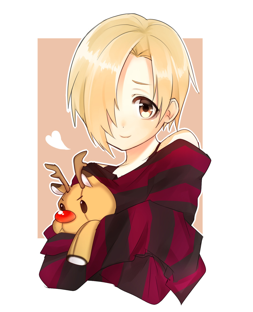 1girl bags_under_eyes bare_shoulders blonde_hair brown_eyes commentary hair_over_one_eye highres idolmaster idolmaster_cinderella_girls looking_at_viewer nohnon reindeer shirasaka_koume shirt short_hair sleeves_past_wrists smile solo striped_clothes striped_shirt stuffed_animal stuffed_reindeer stuffed_toy symbol-only_commentary