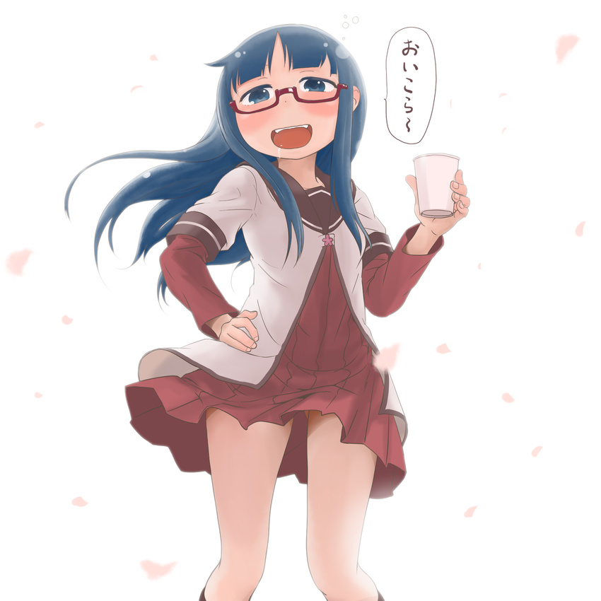 9so_(ponchon) :d backlighting blue_eyes blue_hair cosplay cup denki-gai_no_hon'ya-san funami_yui funami_yui_(cosplay) glasses highres long_hair nanamori_school_uniform open_mouth red-framed_eyewear saliva school_uniform seiyuu_connection sensei_(denki-gai) serafuku smile solo teeth tsuda_minami white_background yuru_yuri