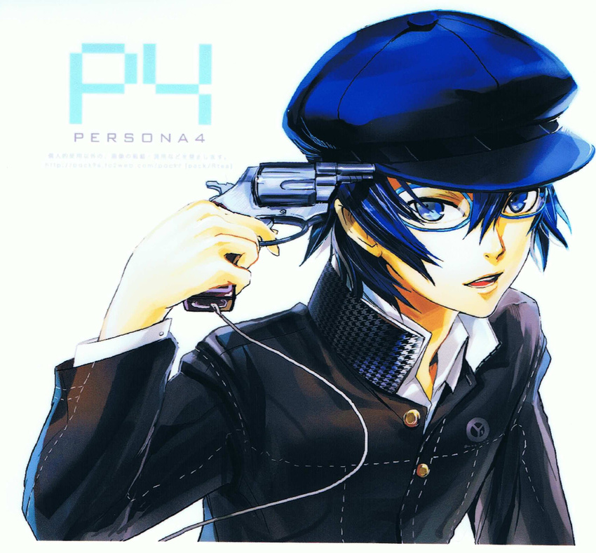 androgynous blue_eyes blue_hair blurry cabbie_hat glasses gun gun_to_head handgun hat highres holding holding_gun holding_weapon jpeg_artifacts looking_at_viewer maguchimo parody persona persona_4 reverse_trap revolver scan school_uniform shirogane_naoto short_hair solo weapon