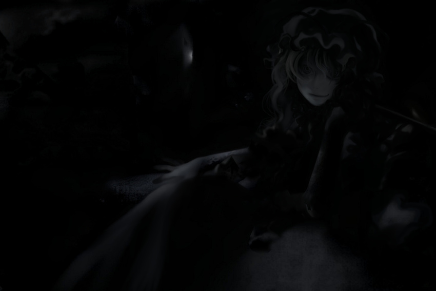 absurdres dark futon_(kitsune_tsuki) highres monochrome solo touhou yakumo_yukari