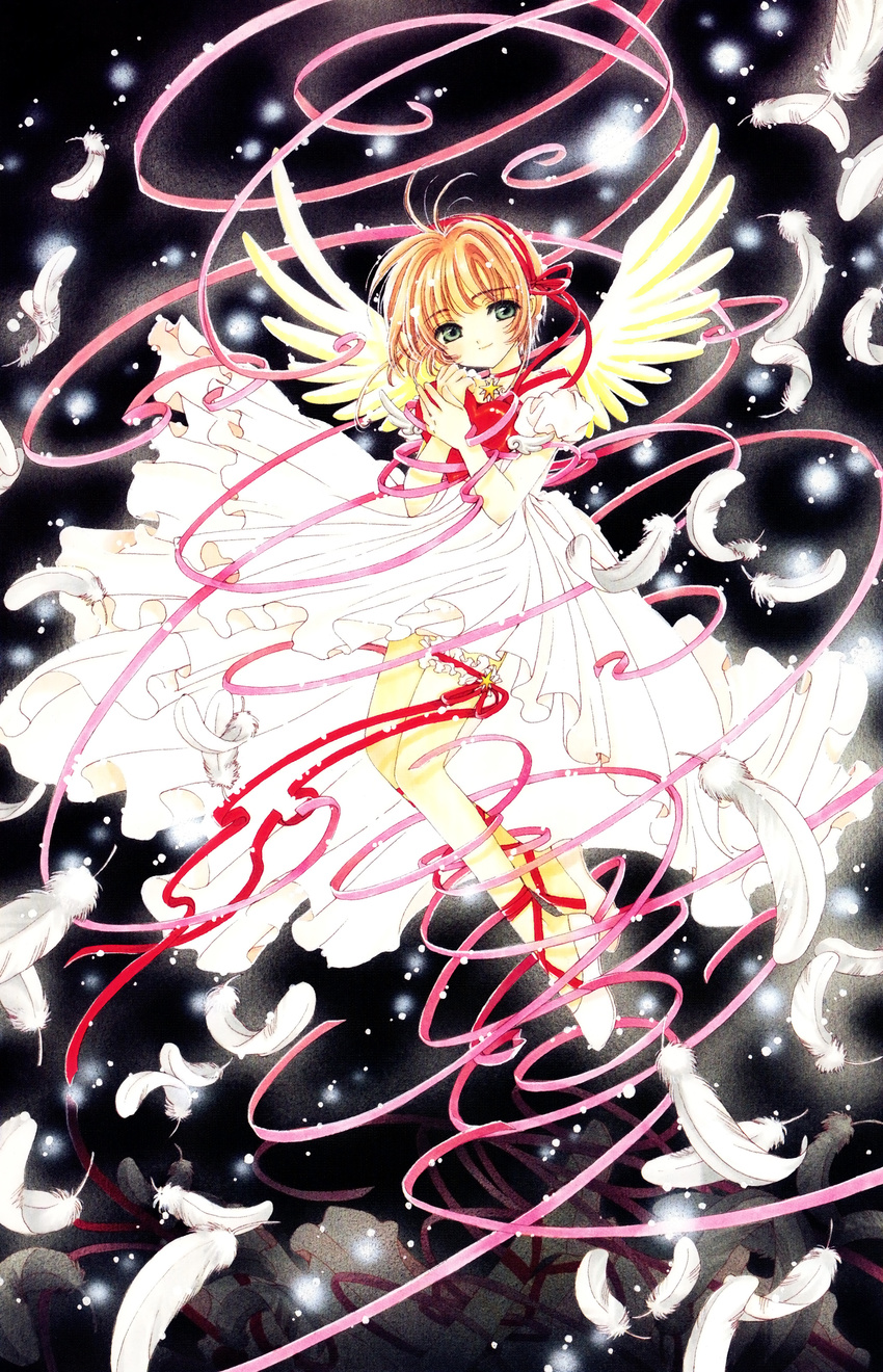90s absurdres ankle_lace-up black_background brown_hair cardcaptor_sakura choker clamp cross-laced_footwear feathers full_body highres kinomoto_sakura official_art red_choker reflection ribbon short_hair solo star star_choker wings