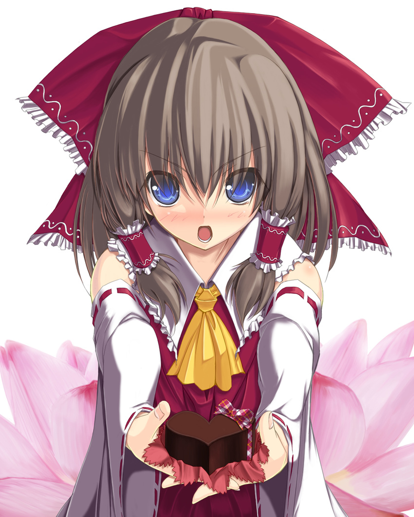 bad_id bad_pixiv_id blue_eyes blush brown_hair chocolate chocolate_heart colorized hakurei_reimu heart highres kyougoku_touya ribbon solo touhou valentine vi_(ena0930)