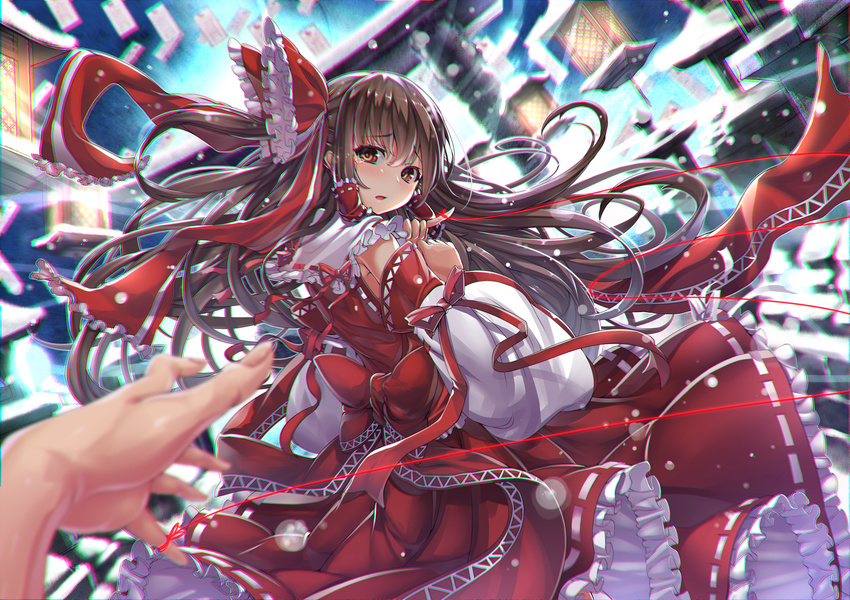 bow brown_eyes brown_hair chromatic_aberration detached_sleeves embellished_costume fingernails frilled_skirt frills hair_bow hair_tubes hakurei_reimu highres kantarou_(nurumayutei) long_sleeves looking_at_viewer looking_back ofuda out_of_frame outdoors pov pov_hands red_string ribbon-trimmed_skirt ribbon-trimmed_sleeves ribbon_trim skirt snow snowing solo_focus string tears torii touhou upper_body
