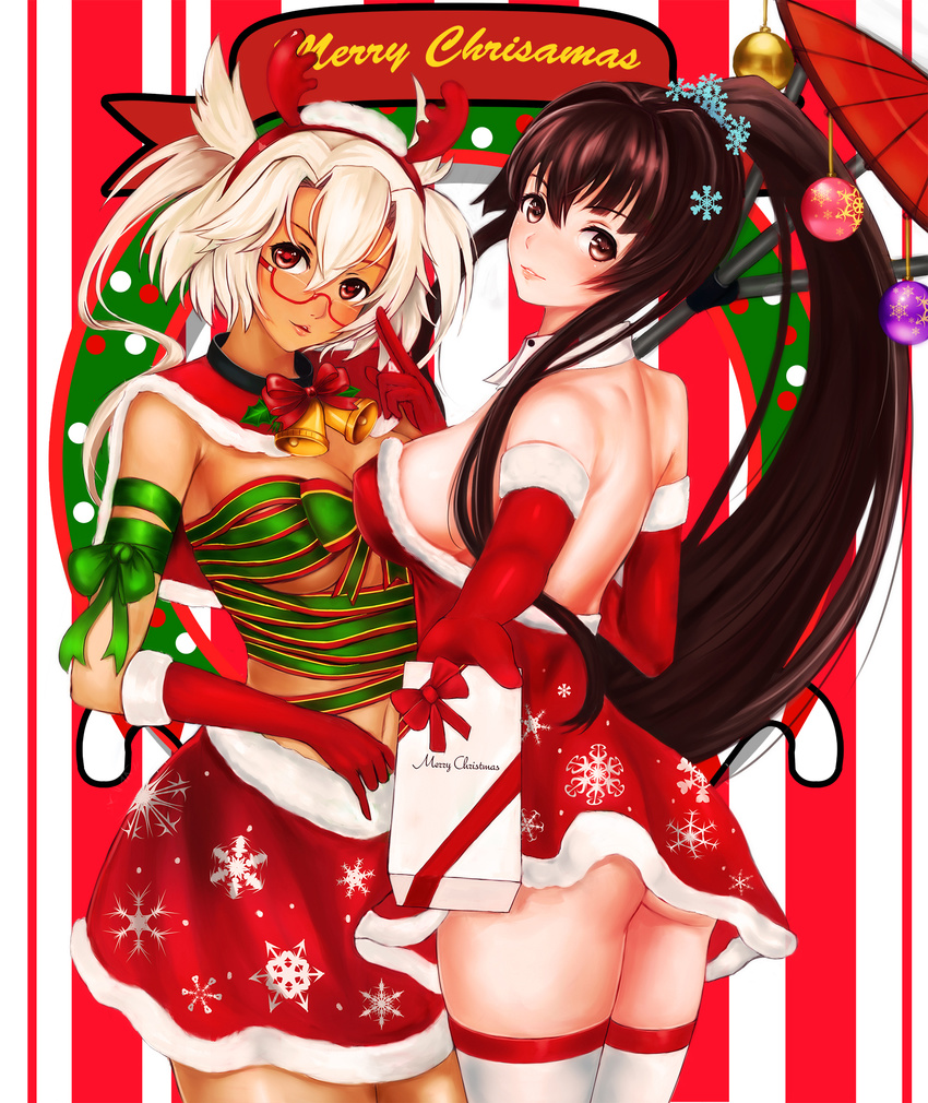 adapted_costume ass back backless_outfit breasts brown_eyes budget_sarashi christmas cowboy_shot dress elbow_gloves fur_trim glasses gloves hair_ornament hat highres holding incoming_gift kantai_collection large_breasts lips looking_at_viewer merry_christmas midriff miniskirt multiple_girls musashi_(kantai_collection) oriental_umbrella pointy_hair ponytail red_eyes red_gloves red_umbrella santa_costume santa_hat sarashi semi-rimless_eyewear short_dress shoulder_blades skirt snowflake_hair_ornament snowflake_print strapless strapless_dress striped striped_background thighhighs umbrella under-rim_eyewear upskirt vertical-striped_background vertical_stripes white_hair white_legwear yamato_(kantai_collection) ytoy