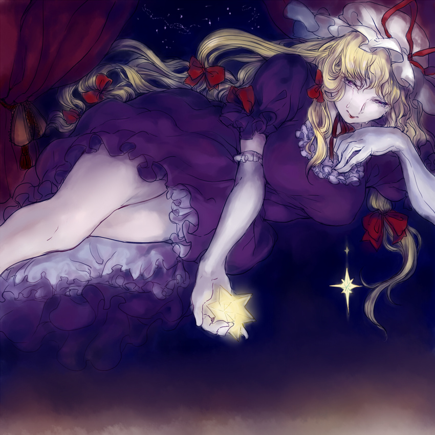 bare_legs blonde_hair bow breasts choker commentary_request constellation crying curtains dress elbow_gloves floating frilled_dress frills gloves hair_bow hat hat_ribbon highres large_breasts lipstick long_hair lying makeup mob_cap night night_sky on_side pantyhose puffy_short_sleeves puffy_sleeves purple_dress purple_eyes ribbon ribbon_choker short_sleeves sky solo star star_(sky) tama_(moonriders) tears thighs touhou white_gloves yakumo_yukari